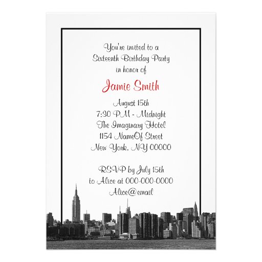 NYC Wide Skyline Etched BW Red Sweet Sixteen Announcements