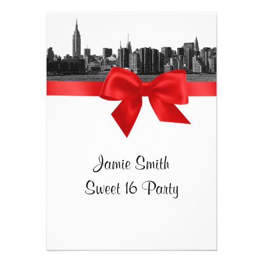 NYC Wide Skyline Etched BW Red Sweet Sixteen Announcements