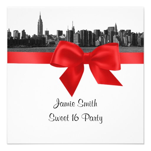 NYC Wide Skyline Etched BW Red Sweet Sixteen SQ Personalized Announcement