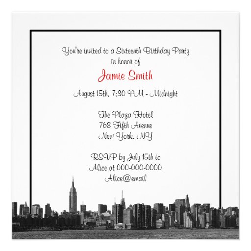 NYC Wide Skyline Etched BW Red Sweet Sixteen SQ Personalized Announcement
