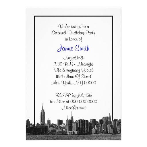 NYC Wide Skyline Etched BW Royal Blue Sweet 16 Invitations