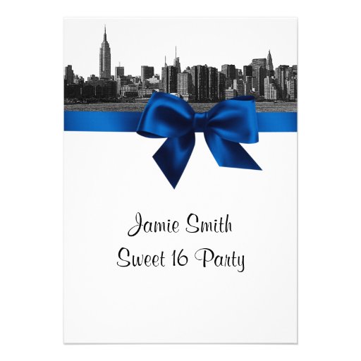 NYC Wide Skyline Etched BW Royal Blue Sweet 16 Invitations