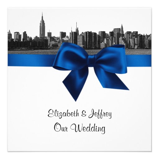 NYC Wide Skyline Etched BW Royal Blue Wedding SQ Personalized Invitation