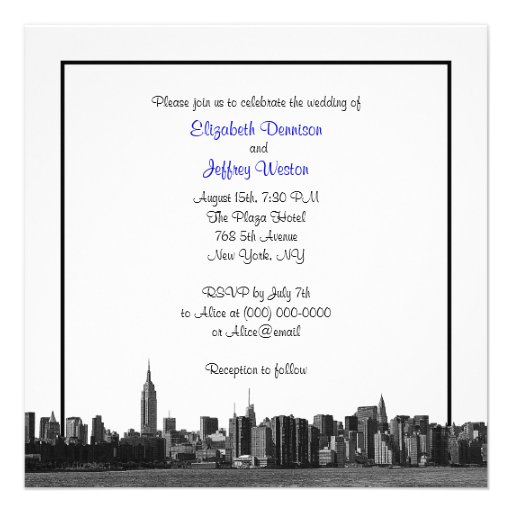 NYC Wide Skyline Etched BW Royal Blue Wedding SQ Personalized Invitation