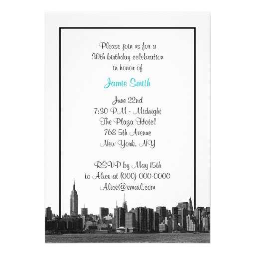 NYC Wide Skyline Etched BW Teal Birthday Party Personalized Invites