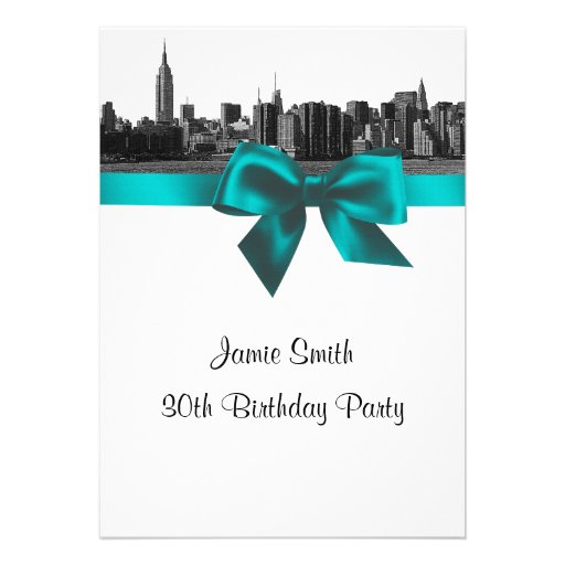 NYC Wide Skyline Etched BW Teal Birthday Party Personalized Invites
