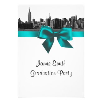 NYC Wide Skyline Etched BW Teal Graduation Personalized Announcement