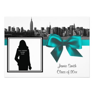 NYC Wide Skyline Etched BW Teal Photo Graduation Personalized Announcements