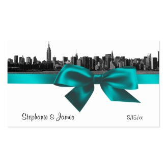 NYC Wide Skyline Etched BW Teal Place Cards #2 Business Card Templates