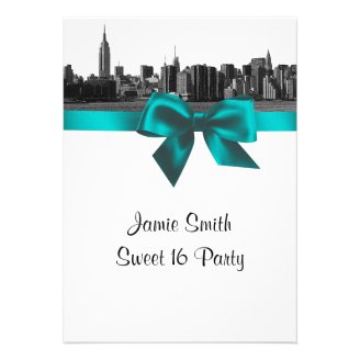 NYC Wide Skyline Etched BW Teal Sweet Sixteen Personalized Invites