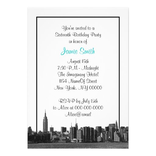 NYC Wide Skyline Etched BW Teal Sweet Sixteen Personalized Invites