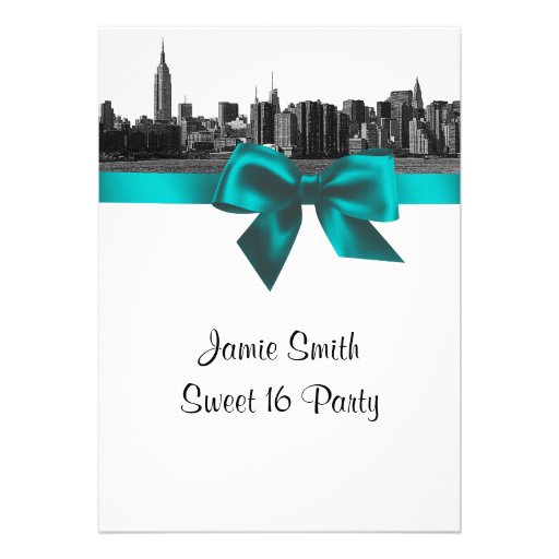 NYC Wide Skyline Etched BW Teal Sweet Sixteen Personalized Invites