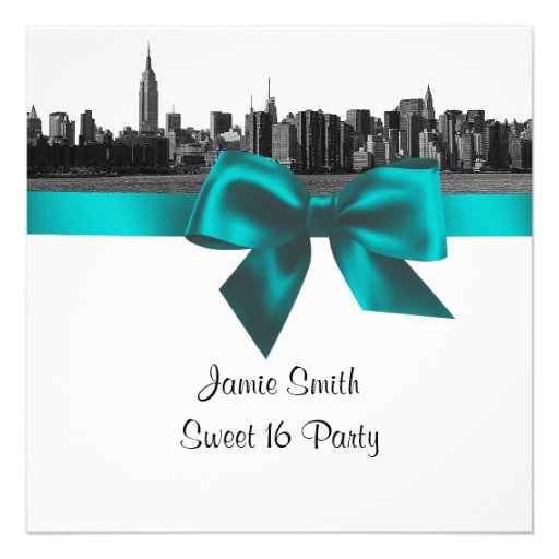 NYC Wide Skyline Etched BW Teal Sweet Sixteen SQ Personalized Invites