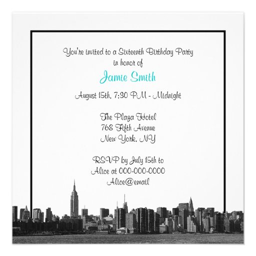 NYC Wide Skyline Etched BW Teal Sweet Sixteen SQ Personalized Invites