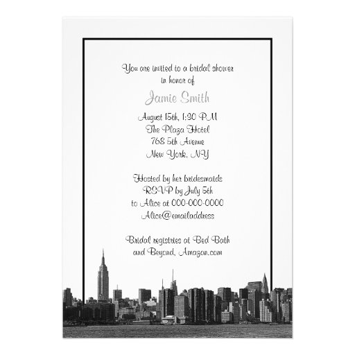 NYC Wide Skyline Etched BW Yellow Bridal Shower Invitations