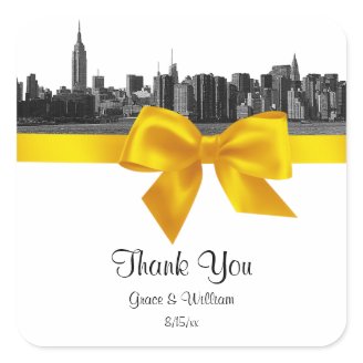 NYC Wide Skyline Etched BW Yellow Favor Tag Square Sticker