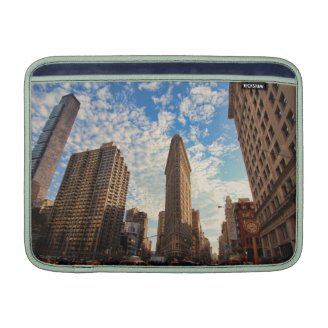 NYC's Flatiron Building, Wide View, Puffy Clouds Sleeves For MacBook Air
