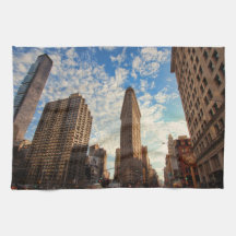 NYC's Flatiron Building, Wide View, Puffy Clouds Towel