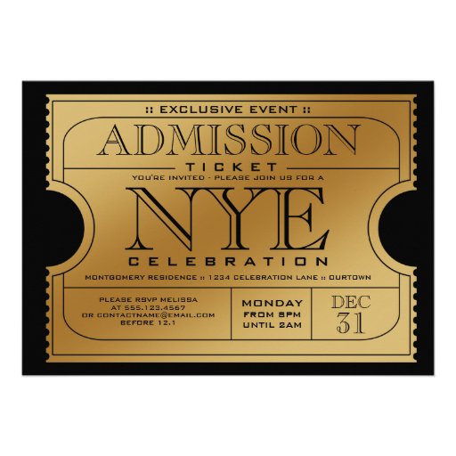 NYE Gold Ticket Party Invitations (front side)