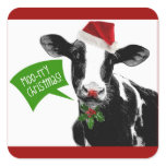 o rry Christmas! Funny Holiday Cow in Santa Hat Square Sticker
