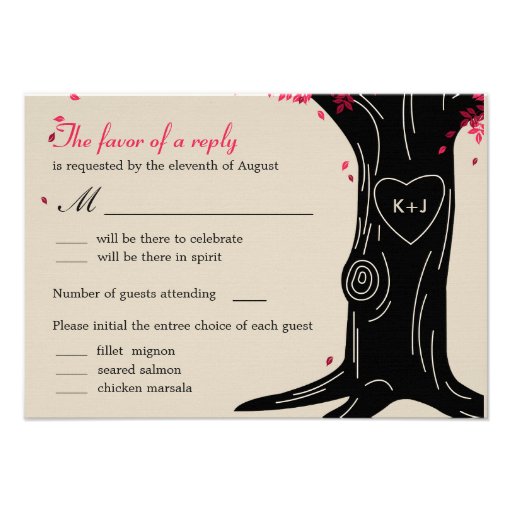 Oak Tree Wedding RSVP Card with Menu - Fuchsia
