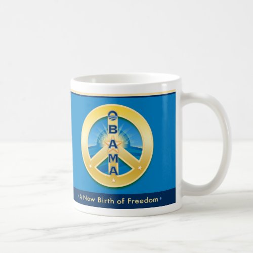 Obama GoldStar Peace 1-20-09 Mug, on blue mug