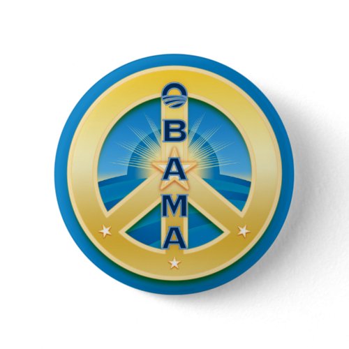 Obama GoldStar Peace Button, round on blue button