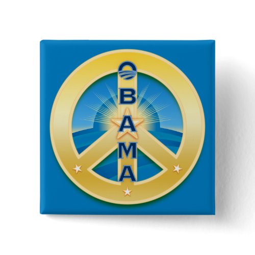 Obama GoldStar Peace Button, square on blue button