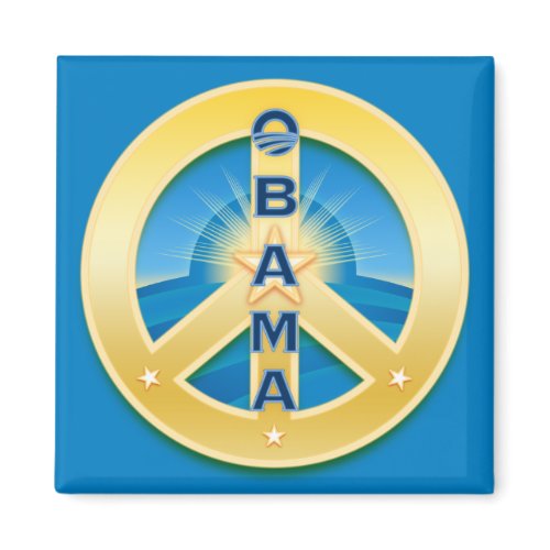 Obama GoldStar Peace Magnet, square on blue magnet