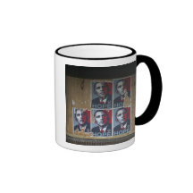 Obama signs in a boarded window of a closed coffee mugs