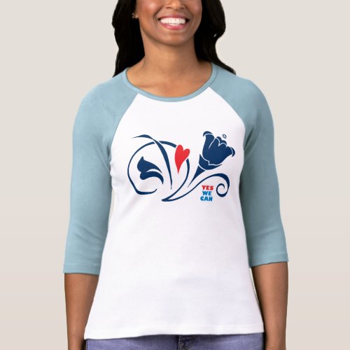 Obama - Yes We Can, Love Blossoms Raglan, blue shirt