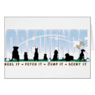 postcard - Celebrate Dog Obedience in all its forms. This design says, below the row of dogs doing the long sit (except the one that broke!)
Heel It, Fetch It, Jump It, Scent It. It goes with my already existing tracking and earthdog designs.