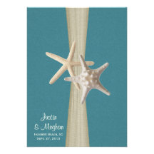 Ocean Teal Burlap and Starfish Beach Wedding Invite