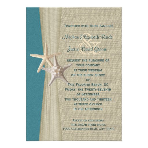 Ocean Teal Burlap and Starfish Beach Wedding Invite