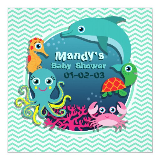 Ocean Theme Baby Shower; Aqua Green Chevron Invitation | Zazzle