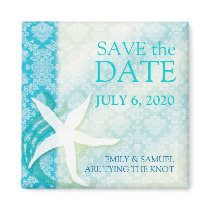 Oceanfront Starfish Teal Wedding Save the Date Refrigerator Magnets