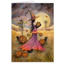 October Fields Halloween Witch and Cats Fantasy Greeting Cards