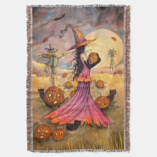 October Fields Witch Cat Halloween Art Throw Blanket