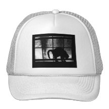 October Showers Cat Silhouette At Window 2 B&W Mesh Hat