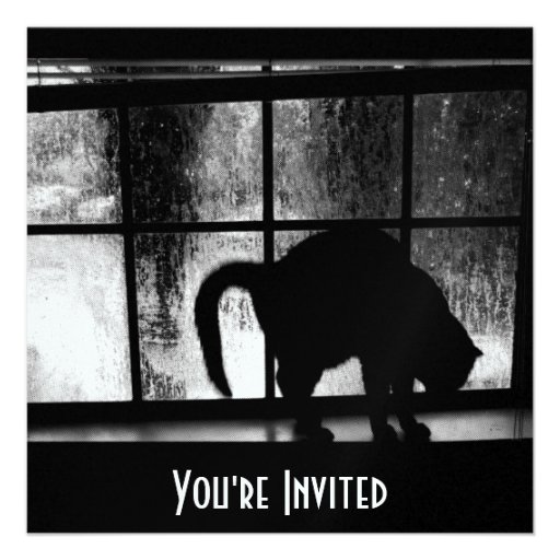October Showers Cat Silhouette At Window 2 B&W Invitation