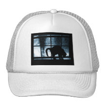 October Showers Cat Silhouette At Window 2 Blue Mesh Hats