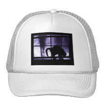 October Showers Cat Silhouette At Window 2 Indigo Mesh Hat