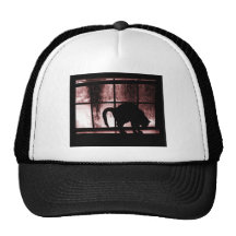 October Showers Cat Silhouette At Window 2 Red Trucker Hats