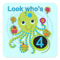 Octopus 4th Birthday T shirts and Gifts Square Stickers