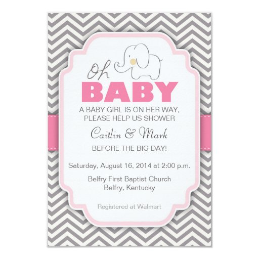 Oh Baby Elephant - Pink & Gray Baby Shower Invite (front side)