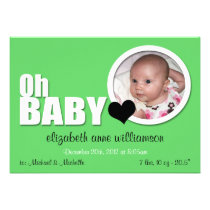 Oh Baby, Modern Green Photo Birth Announcement