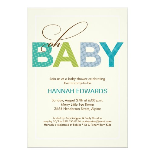 Oh Baby Patterned Baby Shower Invitation in Aqua