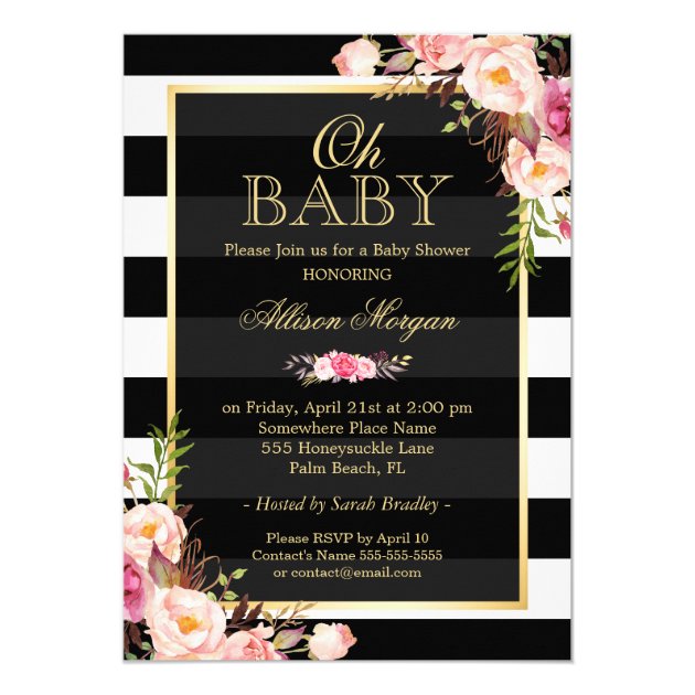 Oh Baby Shower Black Gold Vintage Floral Decor 5x7 Paper Invitation Card (front side)