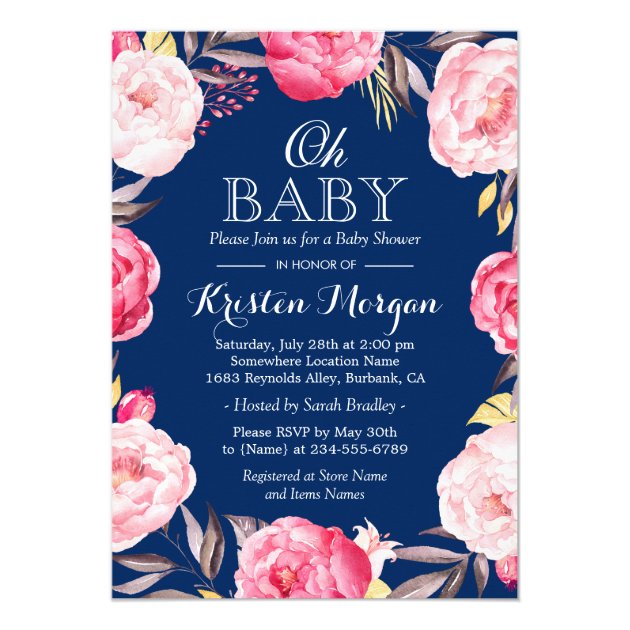 Oh Baby Shower Botanical Floral Wreath Navy Blue Card (front side)