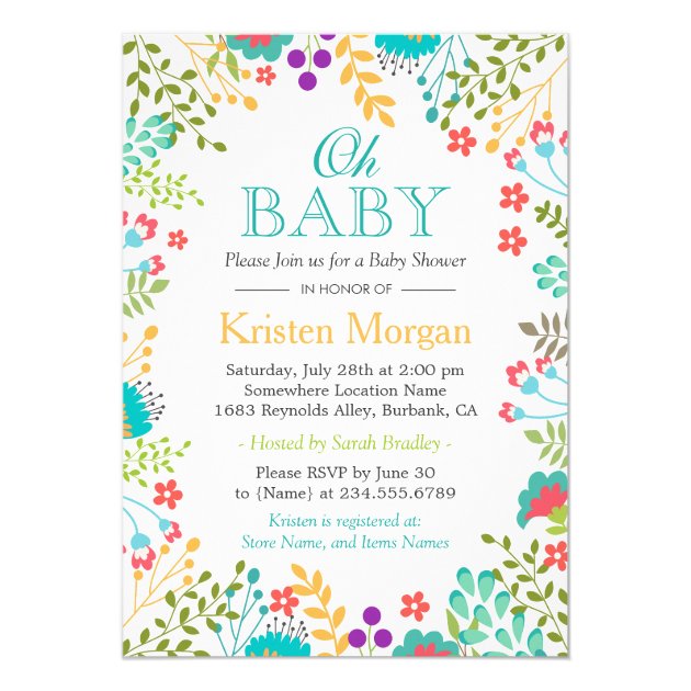 Oh Baby Shower Cute Colorful Floral Teal Blue Card